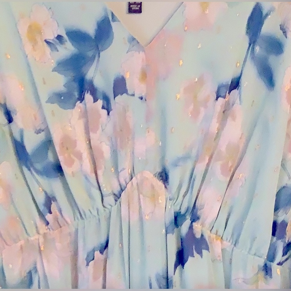 NWT Adrianna Papell Dress, floral Chiffon Maxi 16W aqua, teal, white long sleeve - Picture 8 of 9